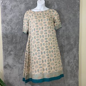Fab India Linen blend midi A-Line shift dress women’s  L beige/blue  pockets